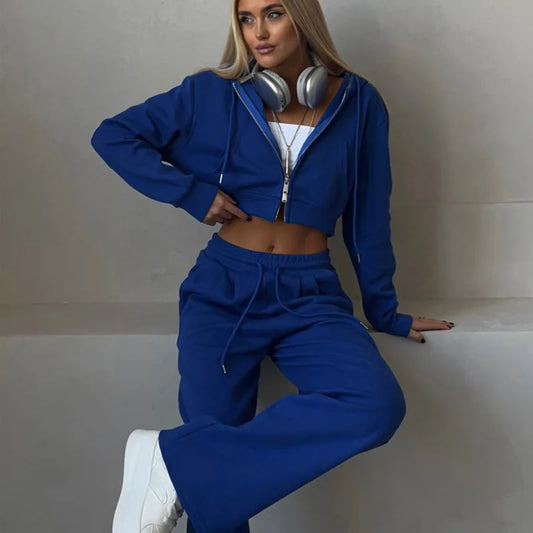 Tuta sportiva Donna Casual-Completo 2 pezzi con Felpa con Cappuccio e pantaloni a vita alta.